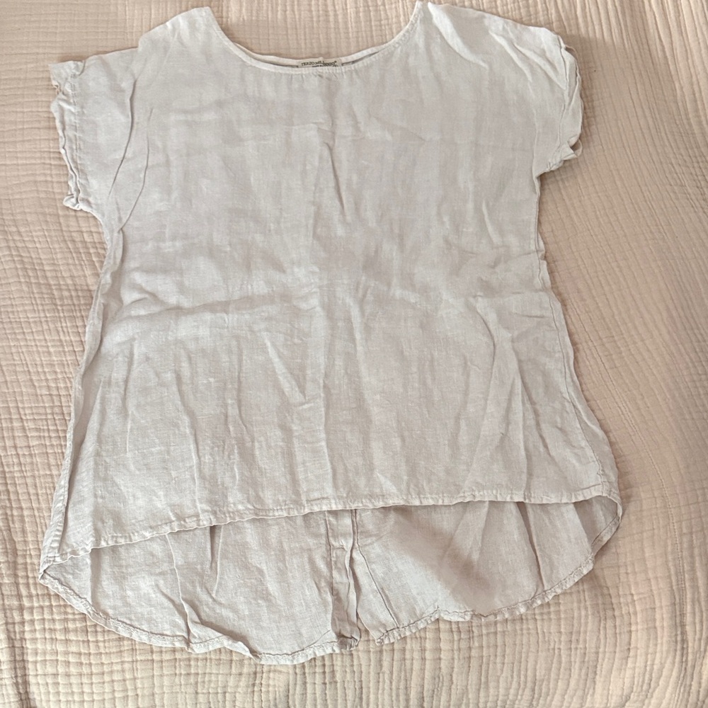 Light Beige Linen Blend Short-Sleeve Blouse